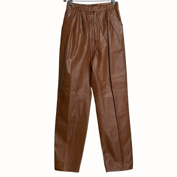 Vintage Brown Leather High-Waisted Pleated Straight-Leg Pants Womens Size 10 - Picture 1 of 14